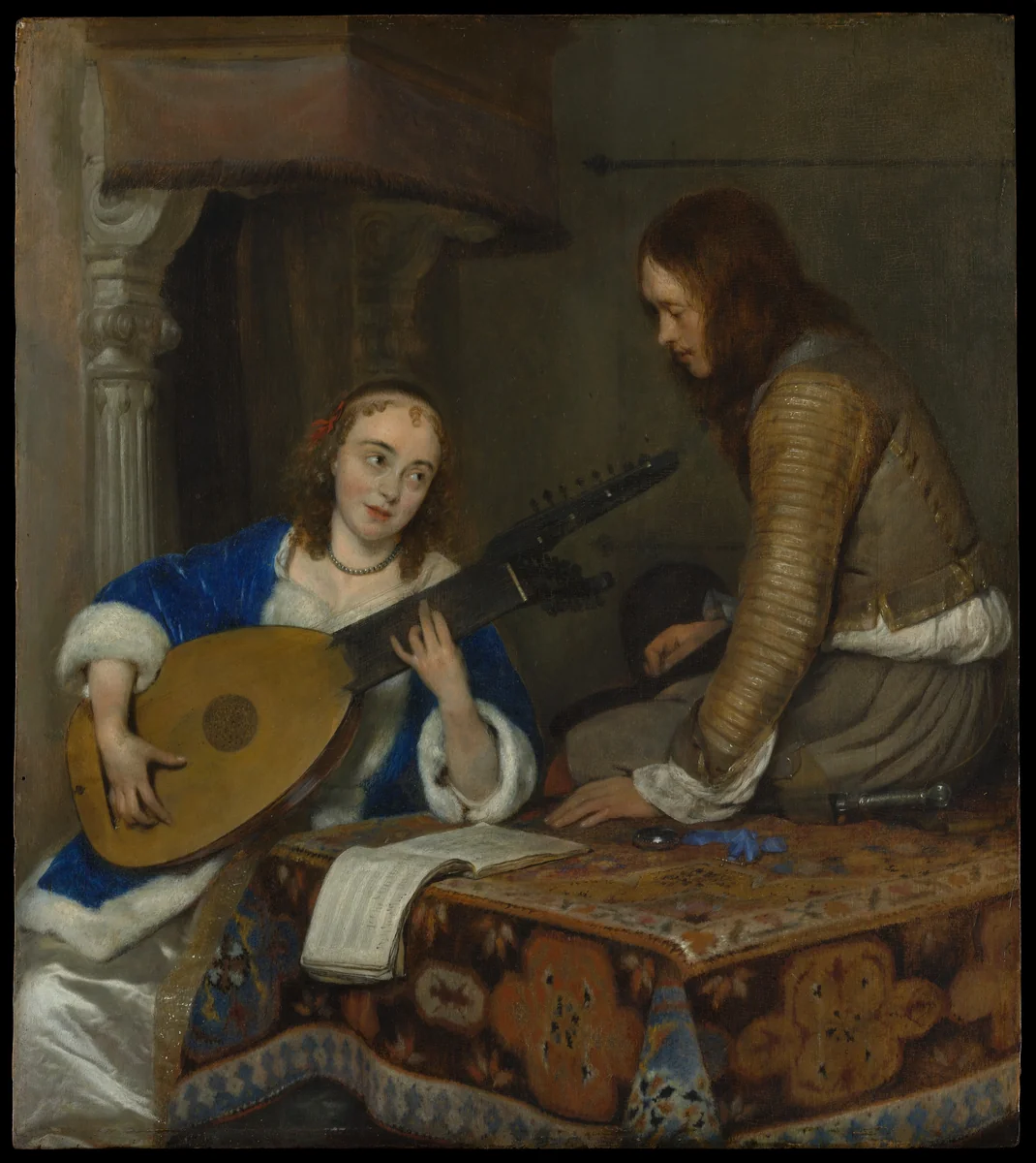 A Woman Playing the Theorbo-Lute and a Cavalier by Gerard ter Borch, painting, 1653-1663