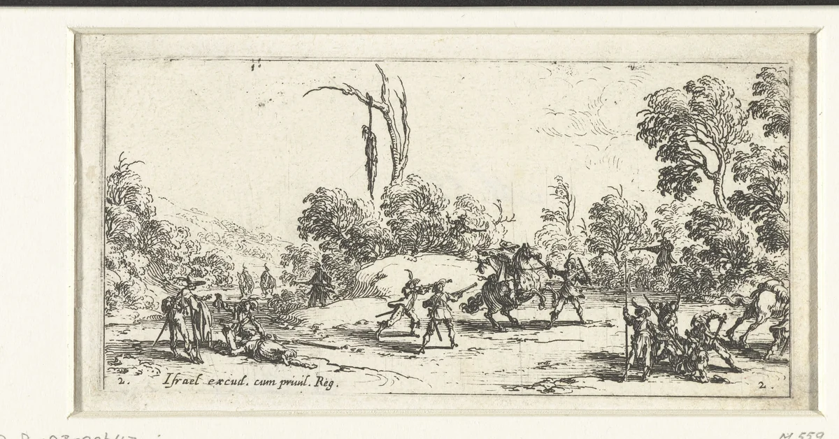 Soldaten overvallen reizigers by Jacques Callot, print, 1632-1636