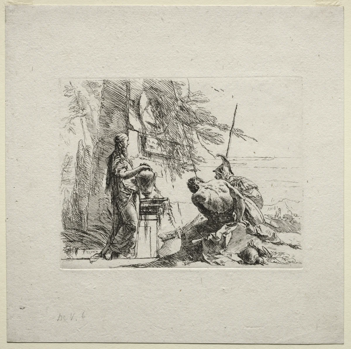 Various Caprices: The Woman Standing with Hands on a Vase by Giovanni Battista Tiepolo, print, 1730-1755