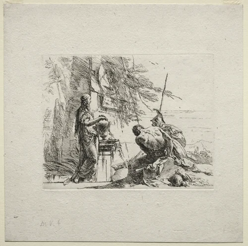 Various Caprices: The Woman Standing with Hands on a Vase by Giovanni Battista Tiepolo, print, 1730-1755