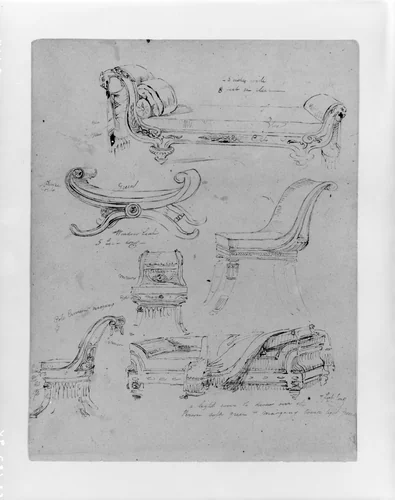 Sketches of Empire-Style Lounges and Chairs, Window Seat (from Sketchbook) by Thomas Sully, artwork, 1810-1820