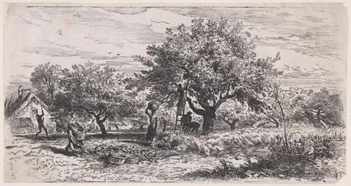 Picking fruit from tree outside cottage by Charles Jacque, print, 1847-1857