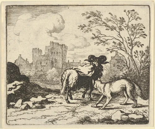 Renard Sends the Ram Back to the Lion with a Package Containing the Rabbit's Head from Hendrick van Alcmar's Renard The Fox by Allart van Everdingen, print, 1650-1675
