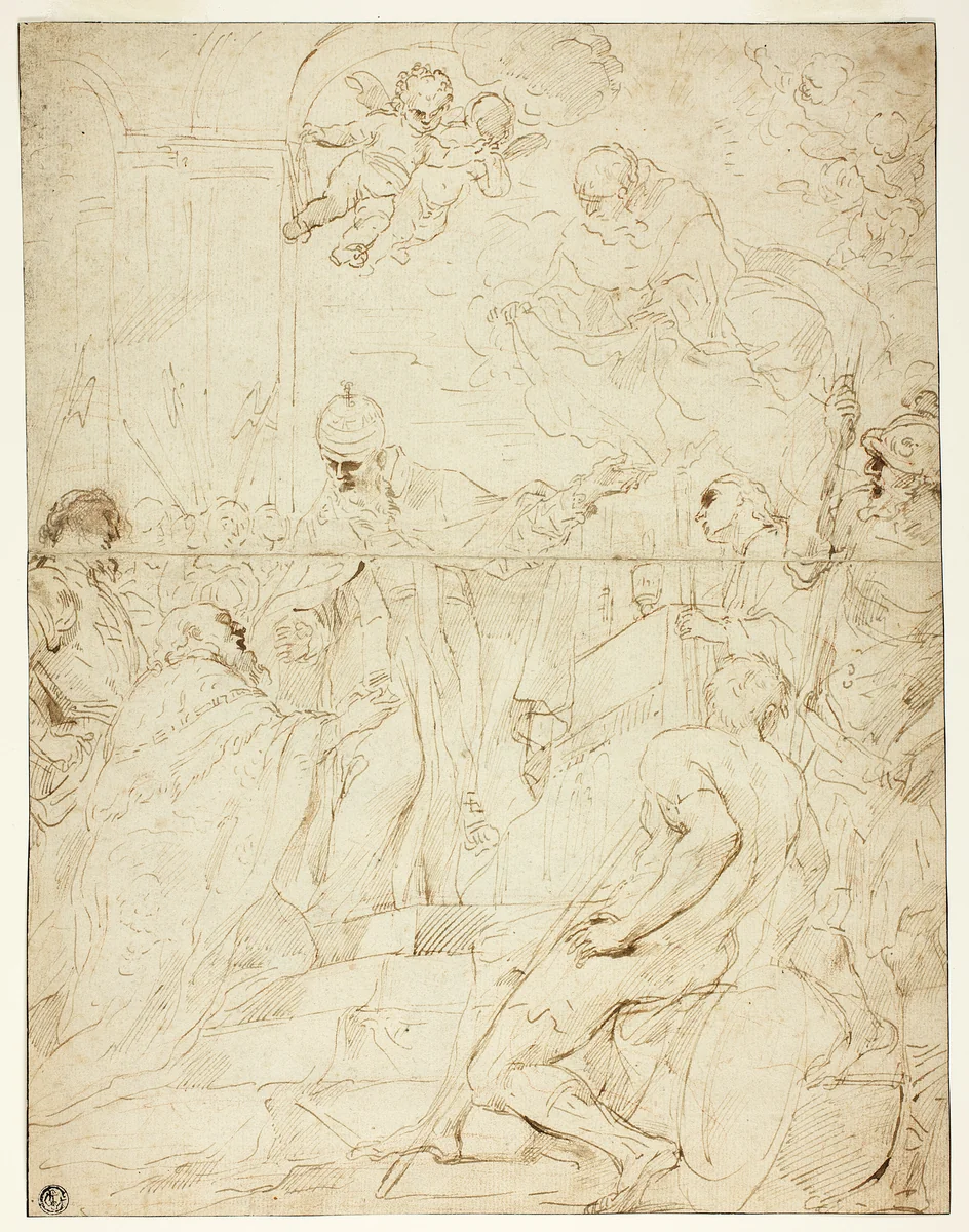 Saint Appearing to Ruler (recto); Flying Putto (verso) by Pietro Novelli, drawing, 1600-1699