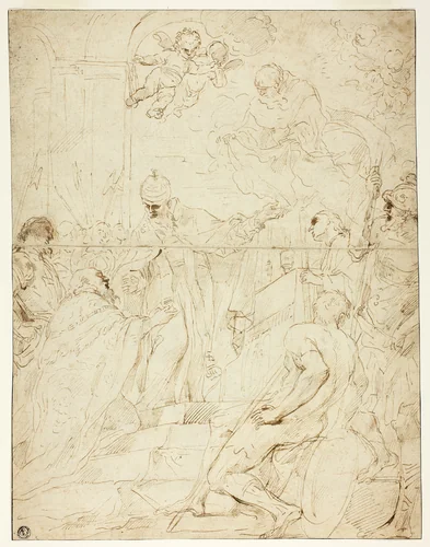 Saint Appearing to Ruler (recto); Flying Putto (verso) by Pietro Novelli, drawing, 1600-1699