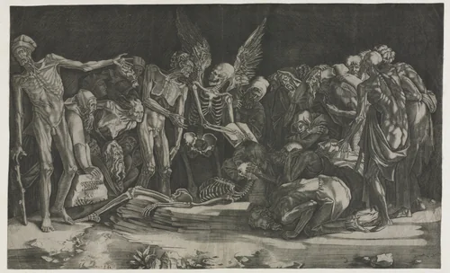 Skeletons, also known as Allegory of Death and Fame by Agostino Veneziano, print, 1518