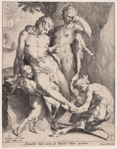 Oreads Pulling a Thorn from a Satyr’s Foot by Jan Harmensz. Muller, print, 1590