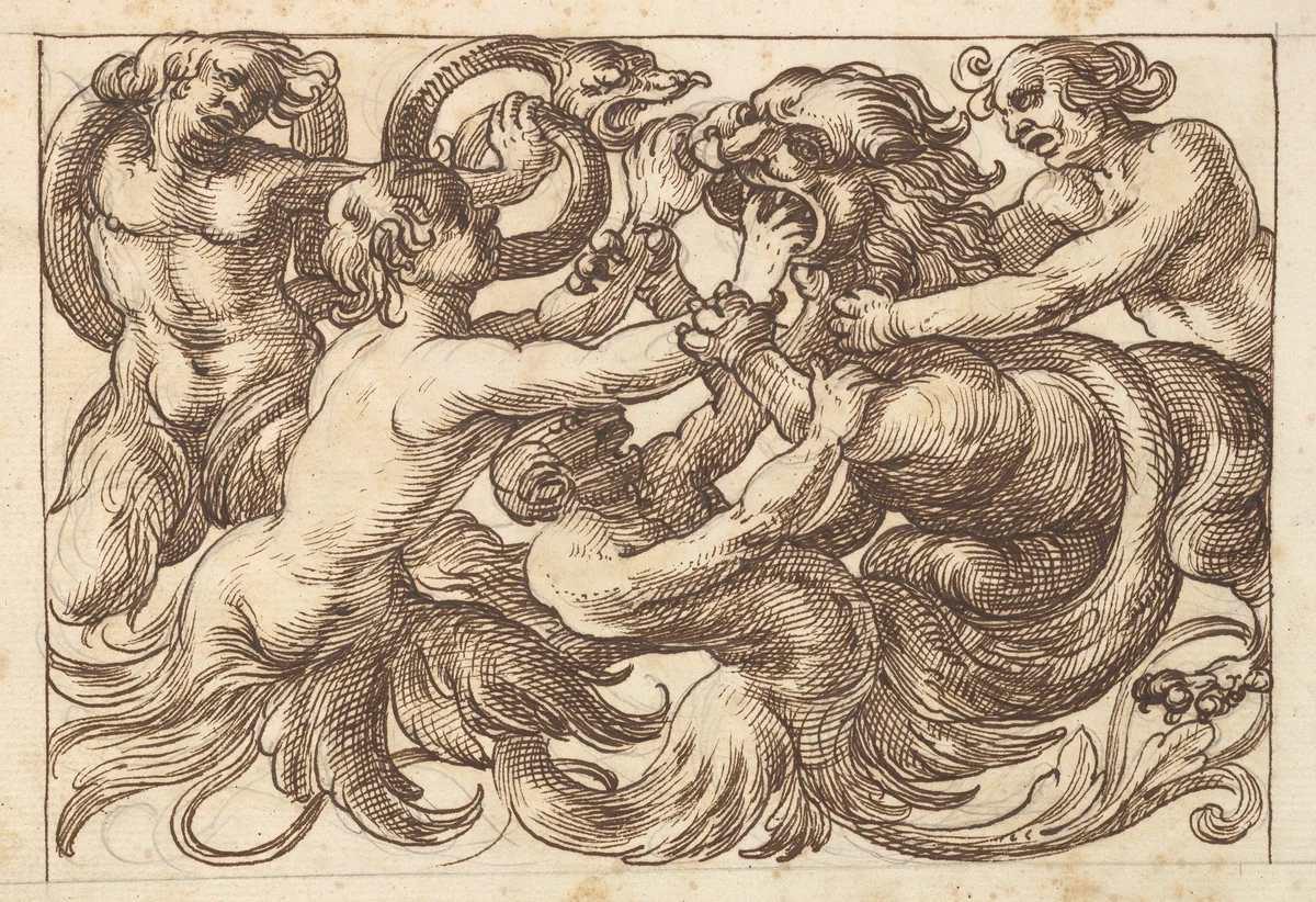 Horizontal Panel Design with Four Male Figures Fighting a Lion by anonymous, drawing, 1600-1650