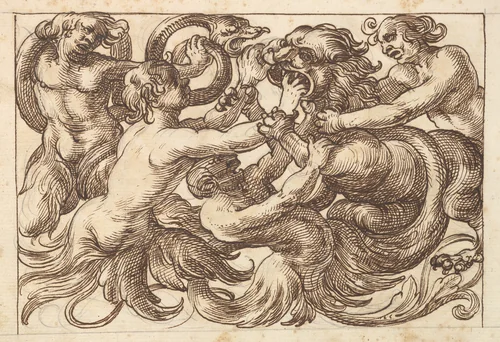 Horizontal Panel Design with Four Male Figures Fighting a Lion by anonymous, drawing, 1600-1650