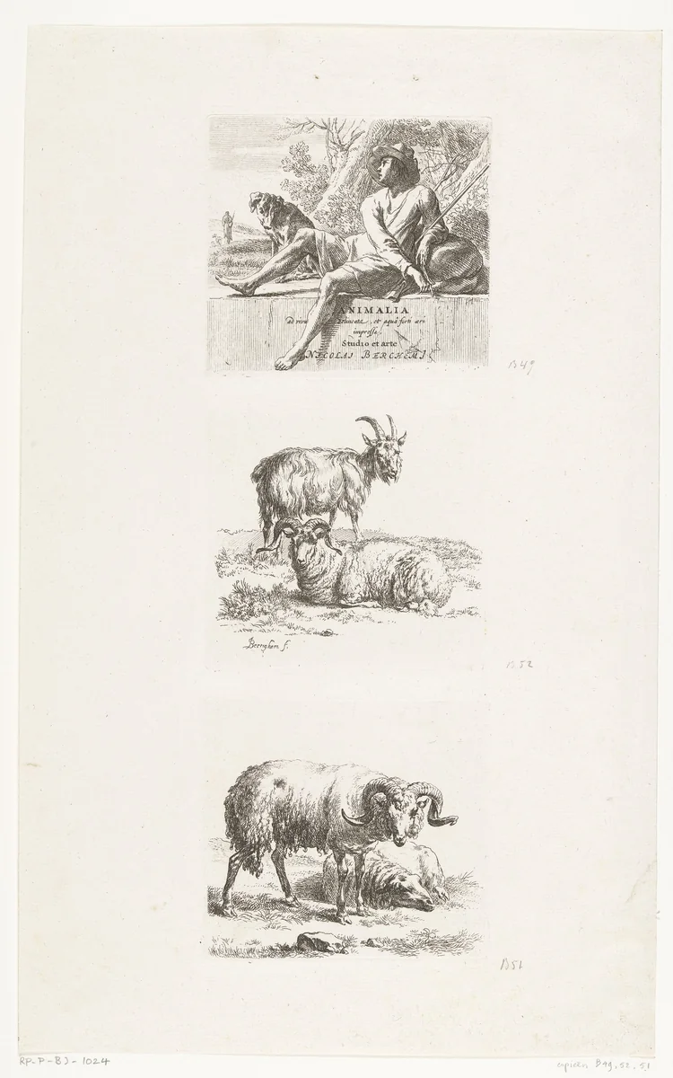 Zittende herder met hond, ram, geit en schaap by anonymous, print, 1648-1733