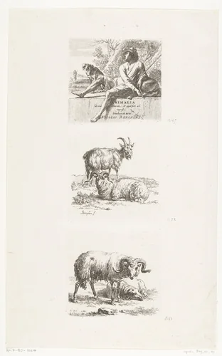 Zittende herder met hond, ram, geit en schaap by anonymous, print, 1648-1733