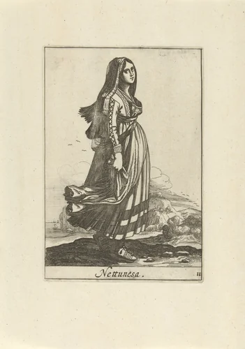 Vrouw gekleed volgens de mode uit Nettuno by anonymous, print, 1720-1772