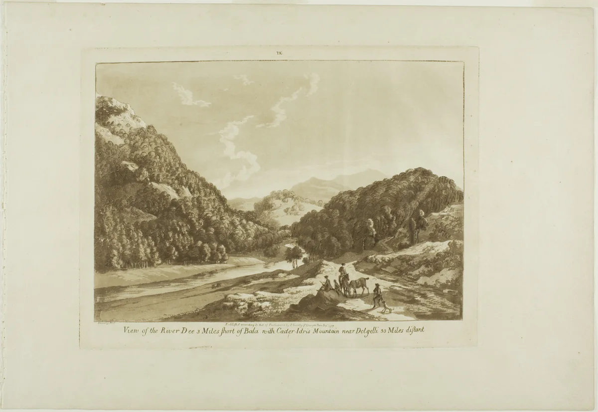 View of the River Dee 3 Miles Short of Bala, with Cadar-Idris Mountain near Dolgelli 30 Miles Distant, plate nine from Twelve Views in Wales by Paul Sandby, print, 1777