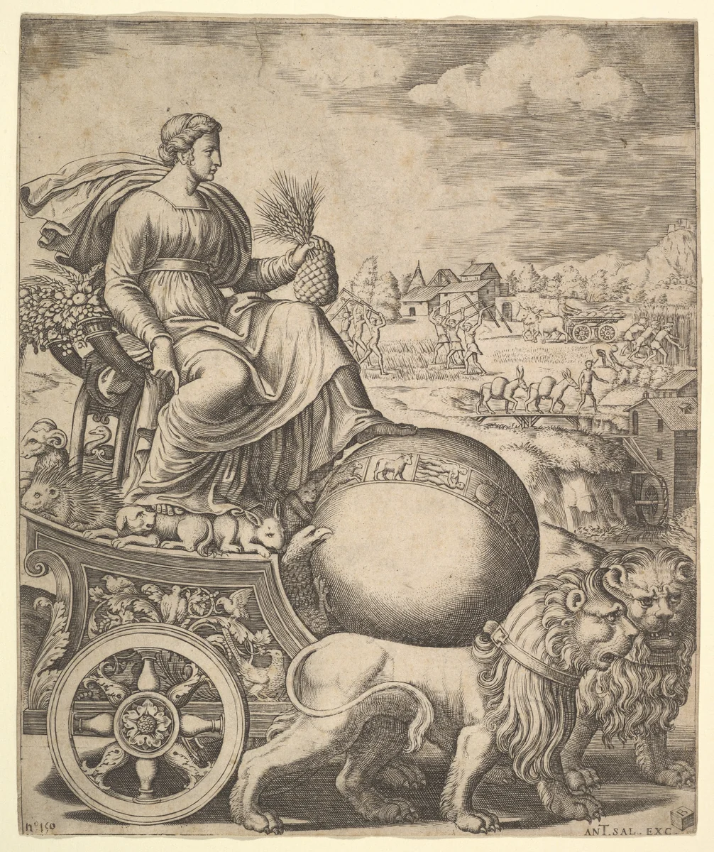 Cybele in her chariot drawn by two lions by Master of the Die, print, 1530-1560