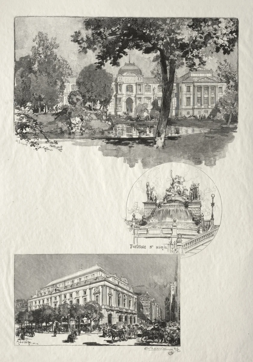 Rouen Illustré: La Musée; Fontaine St. Marie; Le Théâtre des Arts by Auguste Louis Lepère, print, 1896