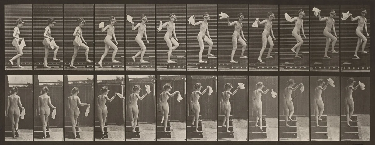 Plate Number 96. Ascending stairs, looking round and waving a handkerchief by Eadweard Muybridge, photograph, 1887