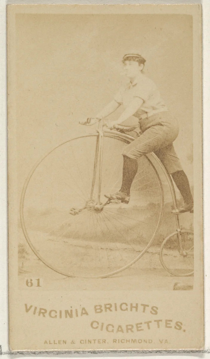 Card 61, from the Girl Cyclists series (N49) for Virginia Brights Cigarettes by Allen & Ginter, photograph, 1887