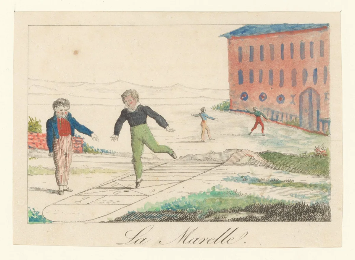 Kinderen spelen een hinkelspel by anonymous, print, 1800-1899