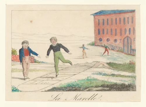 Kinderen spelen een hinkelspel by anonymous, print, 1800-1899