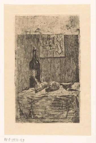 Stilleven met wijnfles en knoflook by Martinus van Regteren Altena, print, 1876-1908