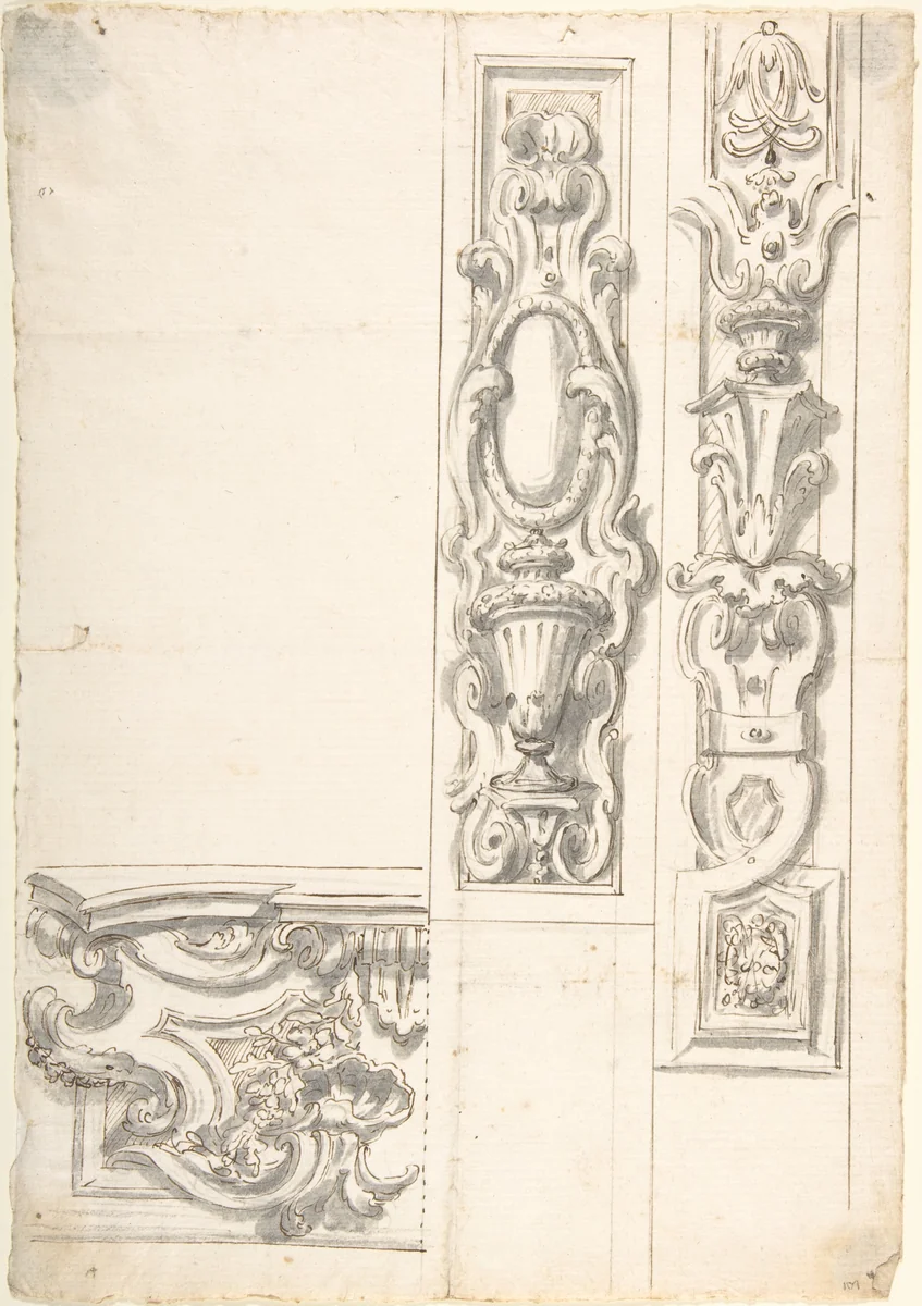 Design for Two Ornamental Upright Panels, and one Ornamental Basamento (?) by anonymous, drawing, 1700-1780