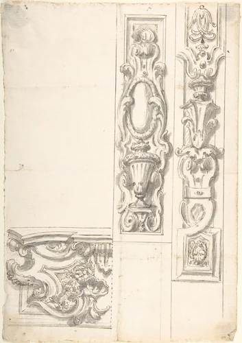 Design for Two Ornamental Upright Panels, and one Ornamental Basamento (?) by anonymous, drawing, 1700-1780