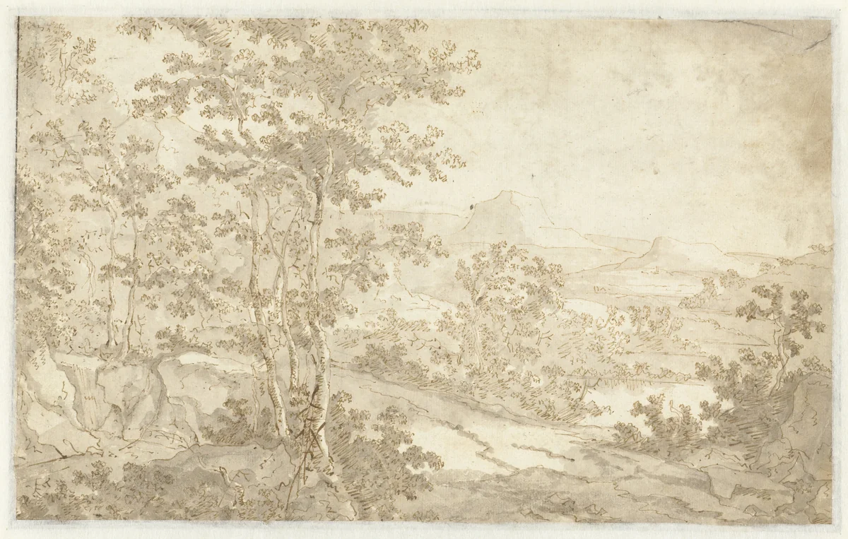 Berglandschap met een weg langs een meer by Jan Both, drawing, 1628-1652