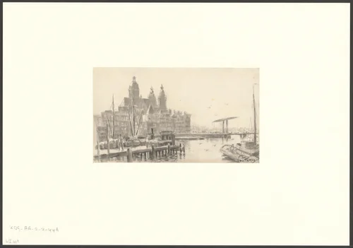 Gezicht vanaf de Oosterdokskade op de Basiliek van de Heilige Nicolaas en de Kamperbrug by Anthonie van Teijn, drawing, 1926