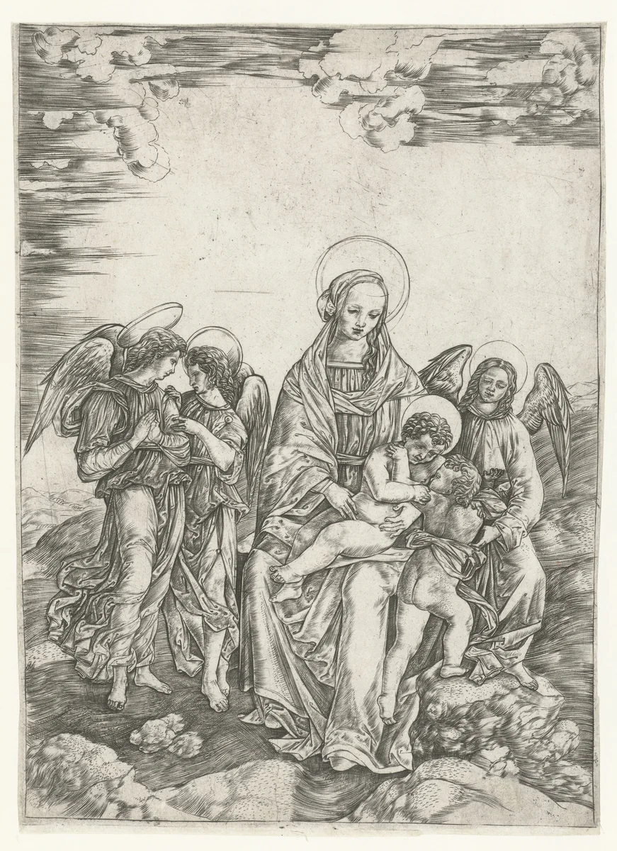Maria met kind en Johannes de Doper en drie engelen by Christoforo di Michele Robetta, print, 1500-1520