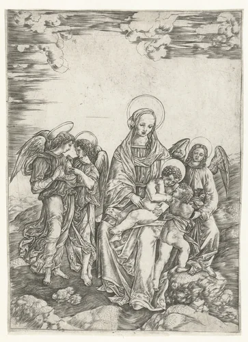 Maria met kind en Johannes de Doper en drie engelen by Christoforo di Michele Robetta, print, 1500-1520
