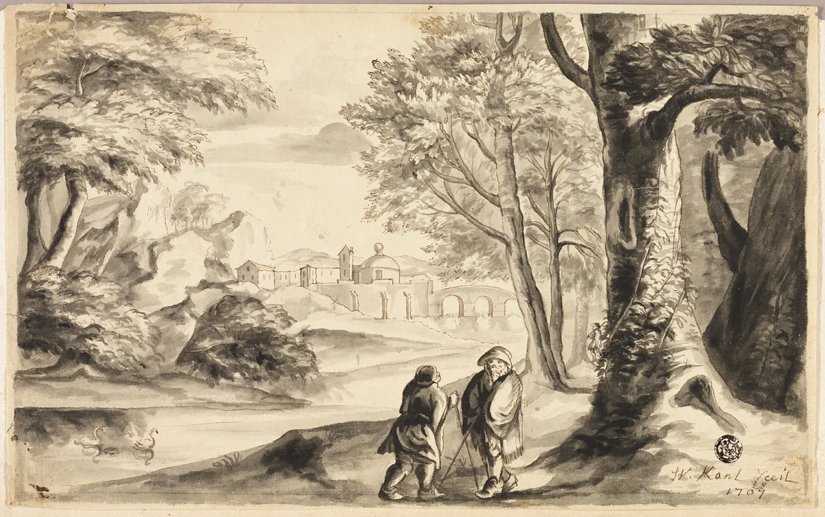 Two Travelers under Tree with Village and Bridge in Distance by William Kent, drawing, 1707