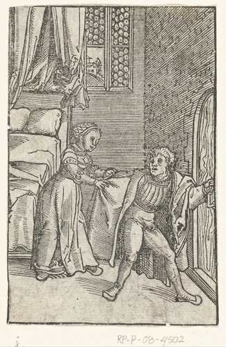 Jozef vlucht weg van de vrouw van Potifar by Lucas Cranach, print, 1528-1554
