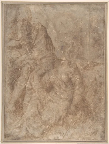 Woman and Old Man Seated by anonymous, drawing, 1500-1600