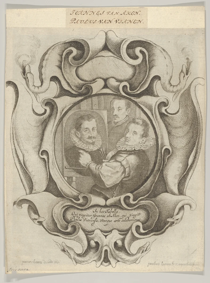Auricular Cartouche with the Painter Hans von Aachen, the Goldsmith Paulus van Vianen, and the Sculptor Adriaen de Vries by Jacob Lutma, print, 1648-1658
