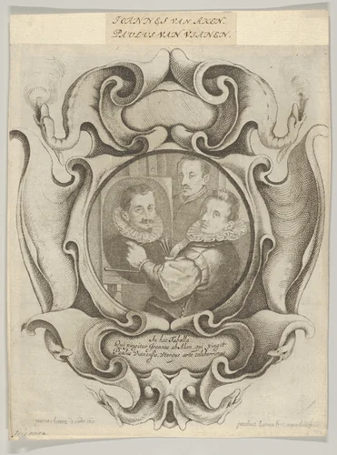 Auricular Cartouche with the Painter Hans von Aachen, the Goldsmith Paulus van Vianen, and the Sculptor Adriaen de Vries by Jacob Lutma, print, 1648-1658