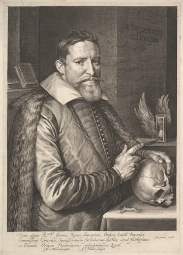 Portrait of Joannes Neyen, General of the Order of Franciscan Friars, Ambassador in Trier by Jan Muller, print, 1608
