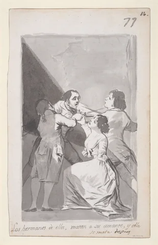 Two brothers killing their sister's lover in her presence; folio 77 (recto) from the Madrid Album "B" by Goya, drawing, 1796-1798