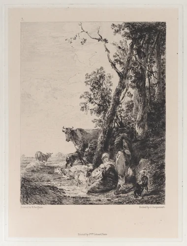 Rest, a Landscape with Figures and Cattle, after Nicolaes Berchem by Jules Ferdinand Jacquemart, print, 1871