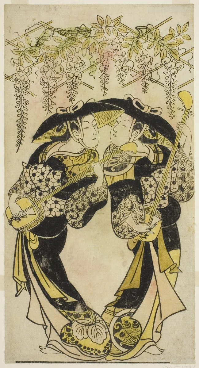 The Actors Sanjo Kantaro (right) and Fujimura Handayu (left) as musicians playing under wisteria by Artist Unknown, print, 1712-1723