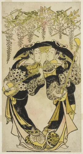 The Actors Sanjo Kantaro (right) and Fujimura Handayu (left) as musicians playing under wisteria by Artist Unknown, print, 1712-1723