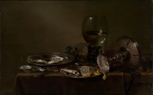 Still Life with Oysters, a Silver Tazza, and Glassware by Willem Claesz. Heda, painting, 1635