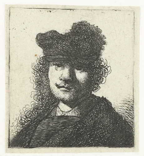 Self-portrait in a cap and dark cloak: bust by Rembrandt van Rijn, print, 1631