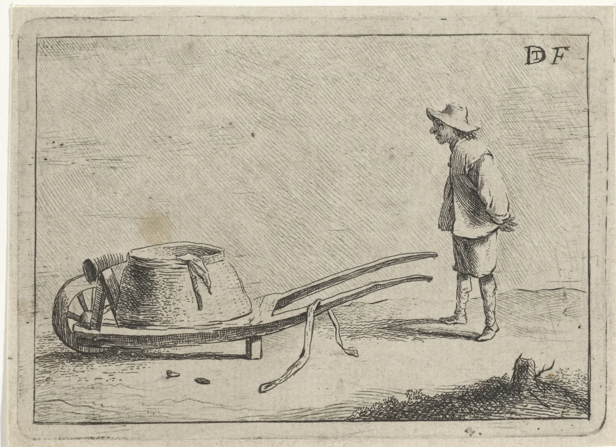 Man bij een kruiwagen by anonymous, print, 1700-1799