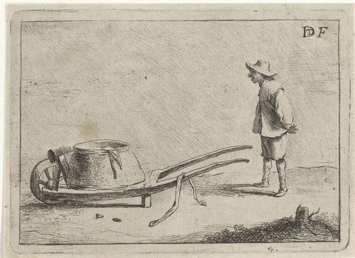 Man bij een kruiwagen by anonymous, print, 1700-1799