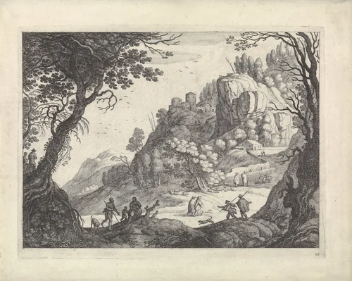 Berglandschap met figuren by Guilliam van Nieulandt, print, 1594-1635