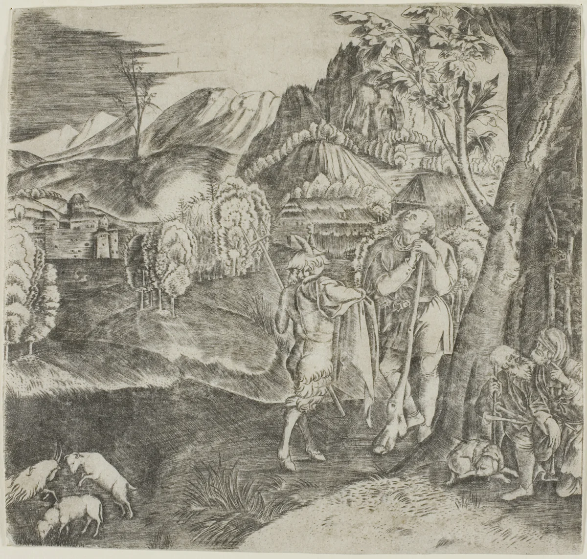 Shepherds and Satyr in a Landscape by Agostino dei Musi, print, 1505-1536