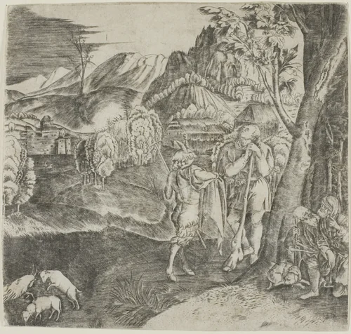 Shepherds and Satyr in a Landscape by Agostino dei Musi, print, 1505-1536