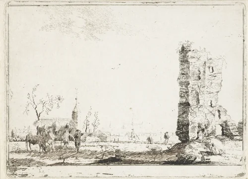 Gezicht op een dorp met op de voorgrond een ruïne by Willem Writs, print, 1741-1786