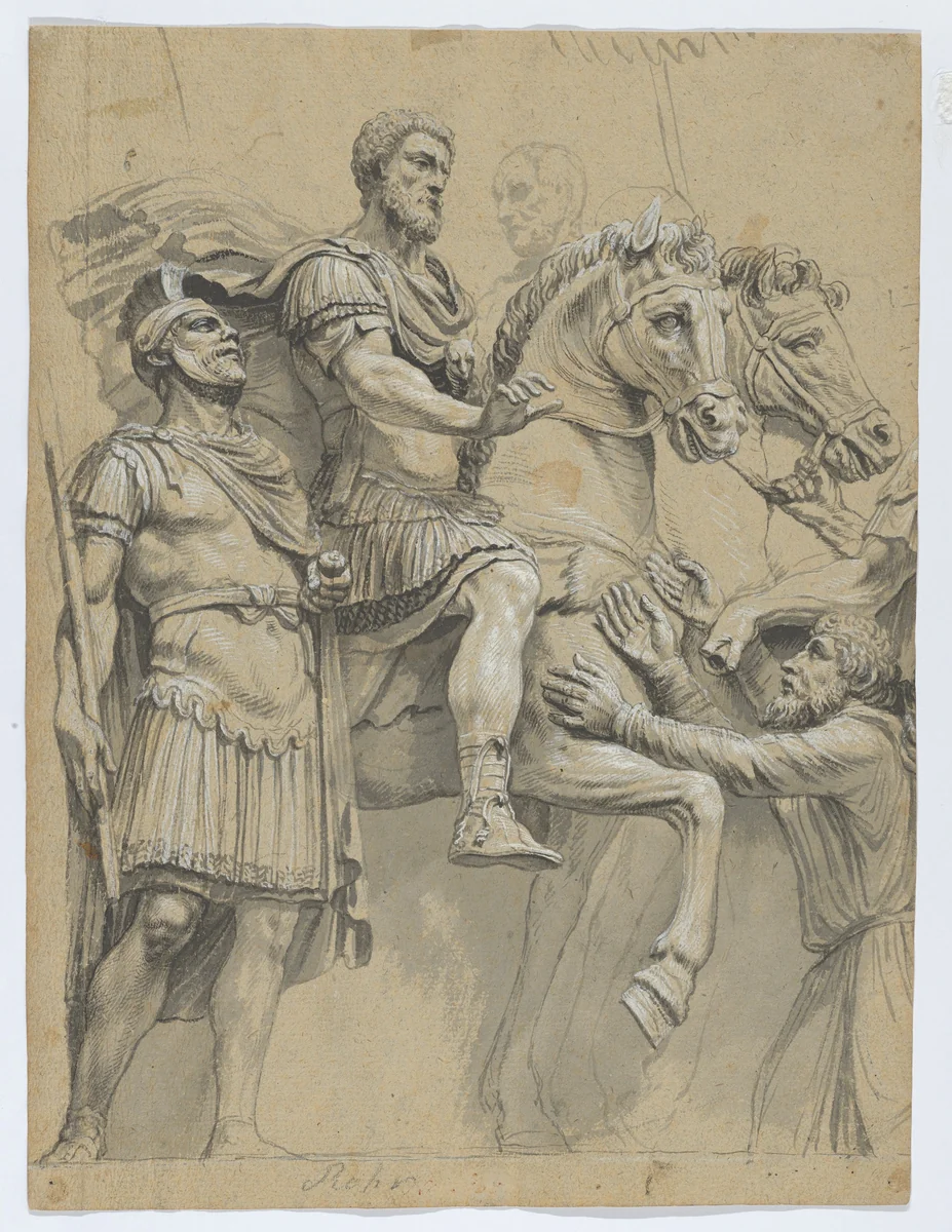 Marcus Aurelius on Horseback (recto); Study of an Antique Vase (verso) by anonymous, drawing, 1600-1699