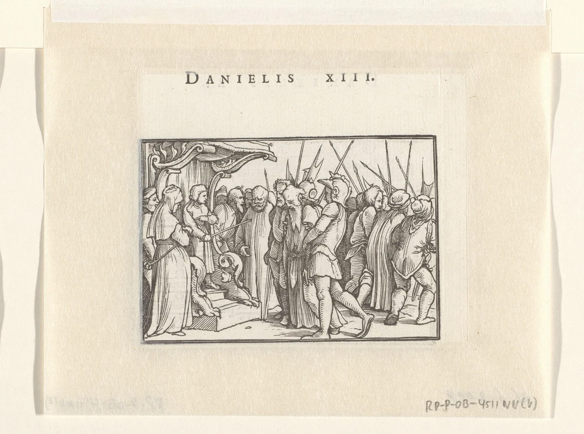 Daniël gaat in tegen veroordeling van Susanna by Hans Holbein, print, 1538